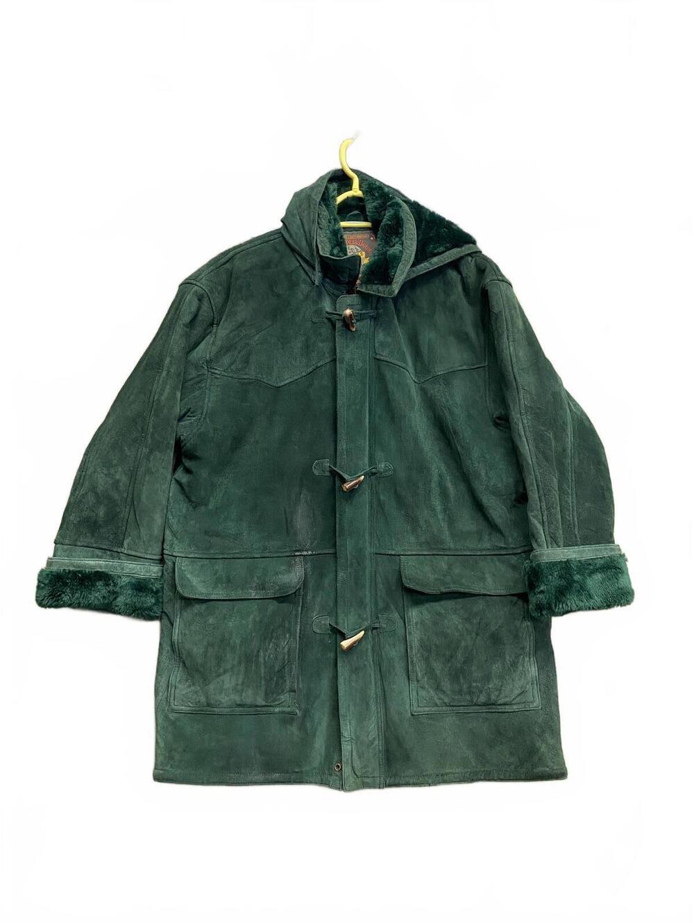 Vtg Wilson's Dark Green Suede/Faux Fur Long Jacket Full Zip Under Toggle Size L